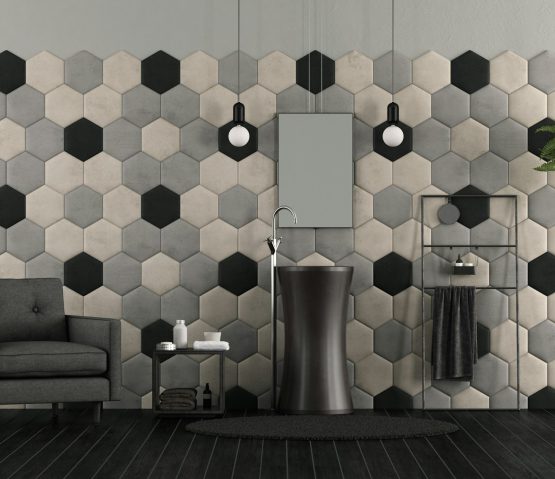 Bathroom with sink and hexagonal tiles